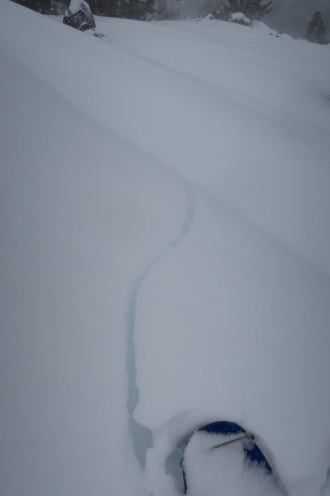  Shooting cracks in <a href="/avalanche-terms/wind-slab" title="A cohesive layer of snow formed when wind deposits snow onto leeward terrain. Wind slabs are often smooth and rounded and sometimes sound hollow." class="lexicon-term">wind slab</a>. 