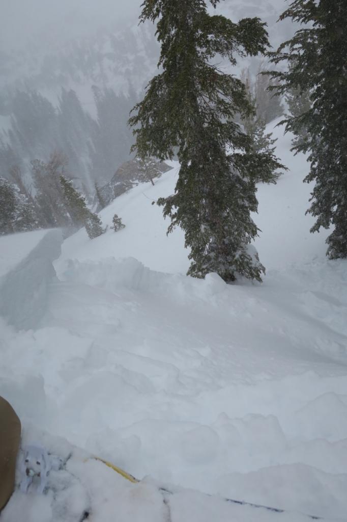  Looking down a small test slope that was easily <a href="/avalanche-terms/trigger" title="A disturbance that initiates fracture within the weak layer causing an avalanche. In 90 percent of avalanche accidents, the victim or someone in the victims party triggers the avalanche." class="lexicon-term">triggered</a> by stomping above it. 