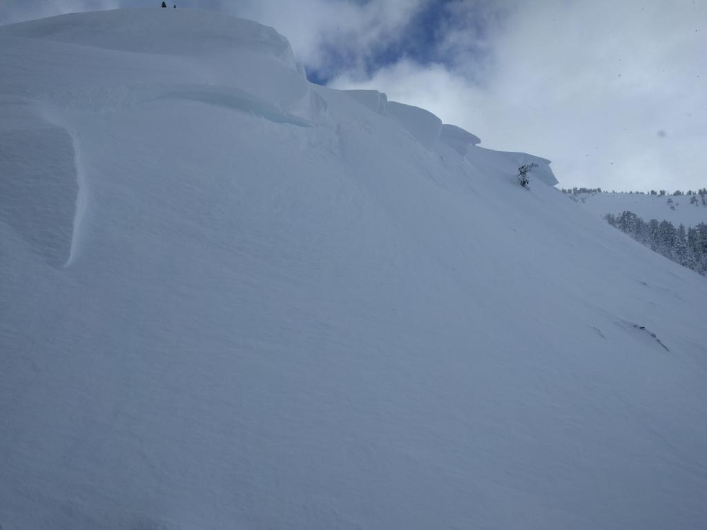  Mostly filled in <a href="/avalanche-terms/crown-face" title="The top fracture surface of a slab avalanche. Usually smooth, clean cut, and angled 90 degrees to the bed surface." class="lexicon-term">crown</a> and <a href="/avalanche-terms/cornice" title="A mass of snow deposited by the wind, often overhanging, and usually near a sharp terrain break such as a ridge. Cornices can break off unexpectedly and should be approached with caution." class="lexicon-term">cornices</a>. 