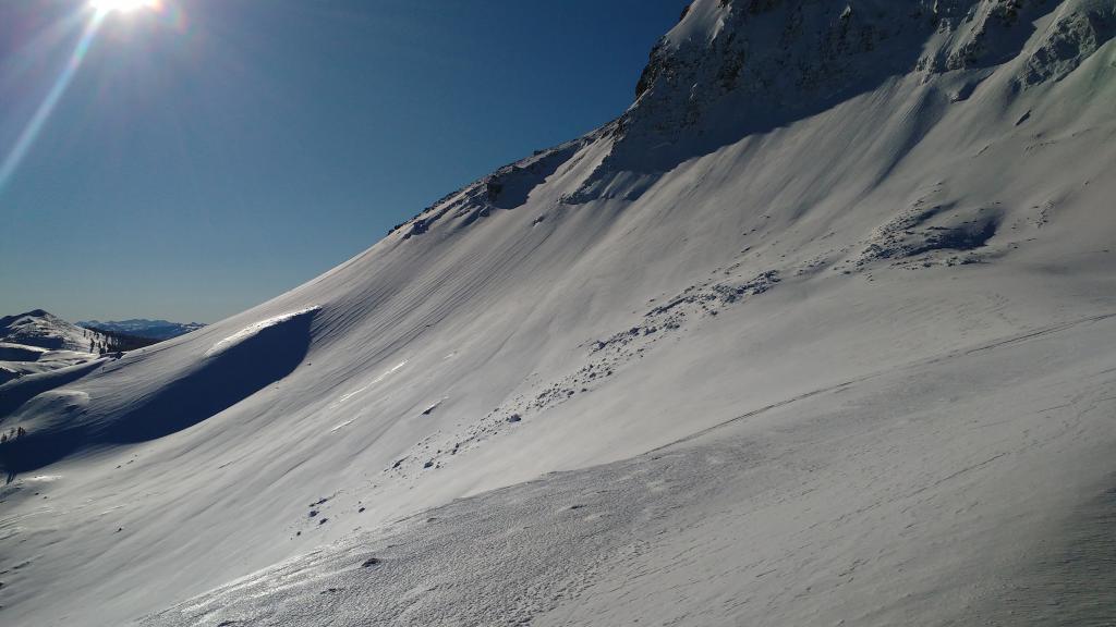  North East/ East bowl showed sign of <a href="/avalanche-terms/wind-loading" title="The added weight of wind drifted snow." class="lexicon-term">wind loading</a>. Snow was punchy with a 2-3 inch crust on similar <a href="/avalanche-terms/aspect" title="The compass direction a slope faces (i.e. North, South, East, or West.)" class="lexicon-term">aspects</a>. We decided not to ski the bowl. 