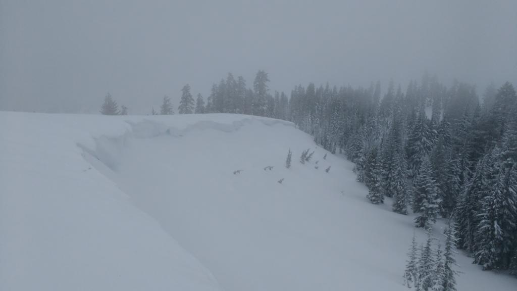  Fairly large sections of <a href="/avalanche-terms/cornice" title="A mass of snow deposited by the wind, often overhanging, and usually near a sharp terrain break such as a ridge. Cornices can break off unexpectedly and should be approached with caution." class="lexicon-term">cornice</a> along the ridge. 