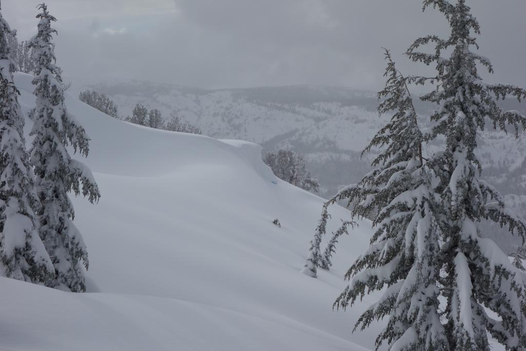  <a href="/avalanche-terms/cornice" title="A mass of snow deposited by the wind, often overhanging, and usually near a sharp terrain break such as a ridge. Cornices can break off unexpectedly and should be approached with caution." class="lexicon-term">Cornices</a> and <a href="/avalanche-terms/wind-loading" title="The added weight of wind drifted snow." class="lexicon-term">wind loading</a> at ridge 