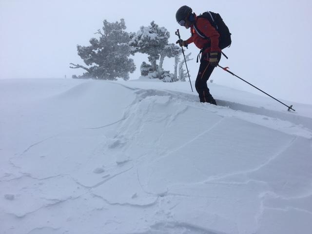  Small <a href="/avalanche-terms/wind-loading" title="The added weight of wind drifted snow." class="lexicon-term">wind loaded</a> test slopes showing <a href="/avalanche-terms/slab" title="A relatively cohesive snowpack layer." class="lexicon-term">slab</a> failure.  W <a href="/avalanche-terms/aspect" title="The compass direction a slope faces (i.e. North, South, East, or West.)" class="lexicon-term">aspect</a>. 