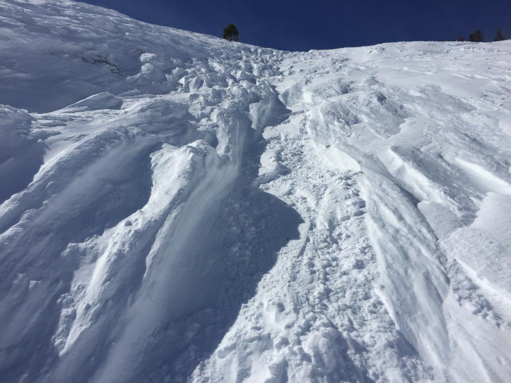  After dropping approximately 500 feet vert the wet <a href="/avalanche-terms/avalanche" title="A mass of snow sliding, tumbling, or flowing down an inclined surface." class="lexicon-term">slide</a> scoured deeper leaving luge runs made of clear rink ice 