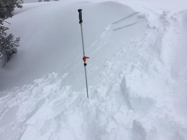  Small reactive <a href="/avalanche-terms/wind-slab" title="A cohesive layer of snow formed when wind deposits snow onto leeward terrain. Wind slabs are often smooth and rounded and sometimes sound hollow." class="lexicon-term">wind slab</a> on W <a href="/avalanche-terms/aspect" title="The compass direction a slope faces (i.e. North, South, East, or West.)" class="lexicon-term">aspect</a>, 8200&#039;, 2-6&#039;&#039; deep. 