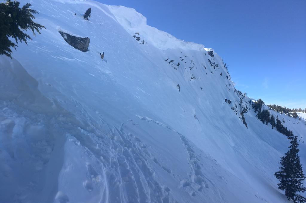  <a href="/avalanche-terms/cornice" title="A mass of snow deposited by the wind, often overhanging, and usually near a sharp terrain break such as a ridge. Cornices can break off unexpectedly and should be approached with caution." class="lexicon-term">Cornice</a> and old <a href="/avalanche-terms/crown-face" title="The top fracture surface of a slab avalanche. Usually smooth, clean cut, and angled 90 degrees to the bed surface." class="lexicon-term">crown</a> line lookers right of Echo Peak 