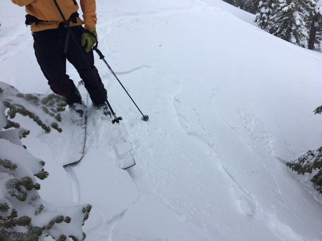  Tiny <a href="/avalanche-terms/wind-slab" title="A cohesive layer of snow formed when wind deposits snow onto leeward terrain. Wind slabs are often smooth and rounded and sometimes sound hollow." class="lexicon-term">wind slab</a> on test slope. 