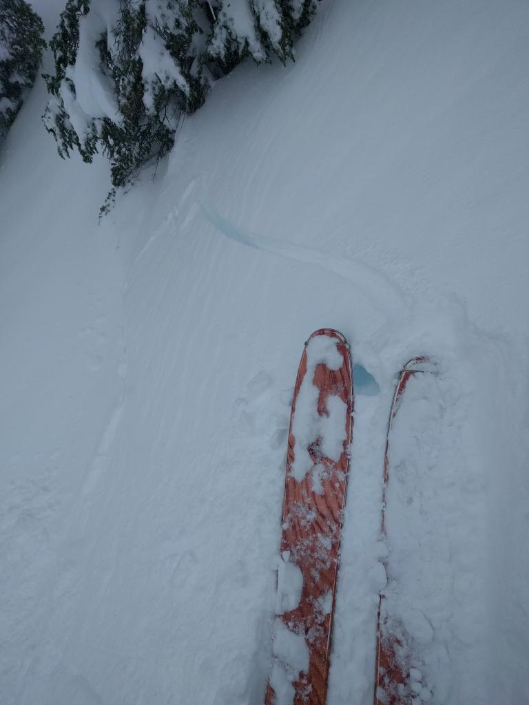  Shooting cracks on a wind-<a href="/avalanche-terms/loading" title="The addition of weight on top of a snowpack, usually from precipitation, wind drifting, or a person." class="lexicon-term">loaded</a> test slope @ 8600 ft. 