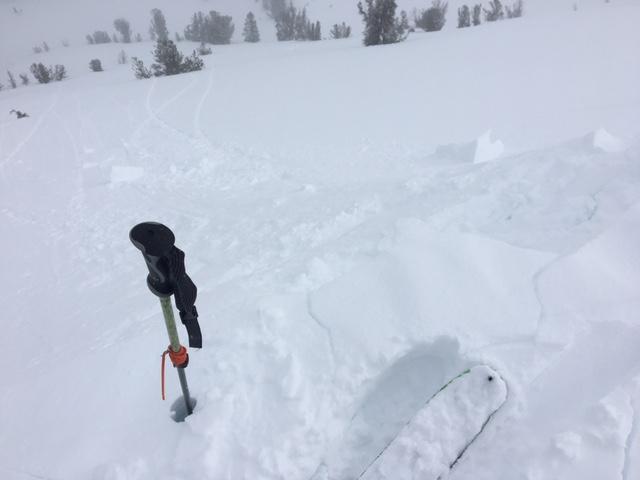  <a href="/avalanche-terms/cornice" title="A mass of snow deposited by the wind, often overhanging, and usually near a sharp terrain break such as a ridge. Cornices can break off unexpectedly and should be approached with caution." class="lexicon-term">Cornice</a> kicks on test slopes produced no signs of <a href="/avalanche-terms/slab" title="A relatively cohesive snowpack layer." class="lexicon-term">slab</a> <a href="/avalanche-terms/propagation" title="The spreading of a fracture or crack within the snowpack." class="lexicon-term">propagation</a>. 