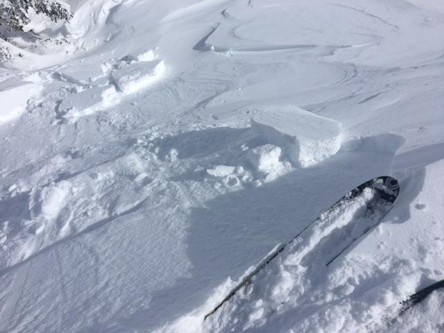  Small new <a href="/avalanche-terms/wind-slab" title="A cohesive layer of snow formed when wind deposits snow onto leeward terrain. Wind slabs are often smooth and rounded and sometimes sound hollow." class="lexicon-term">wind slabs</a> were forming on N-NE-E <a href="/avalanche-terms/aspect" title="The compass direction a slope faces (i.e. North, South, East, or West.)" class="lexicon-term">aspects</a> near summit ridge. 