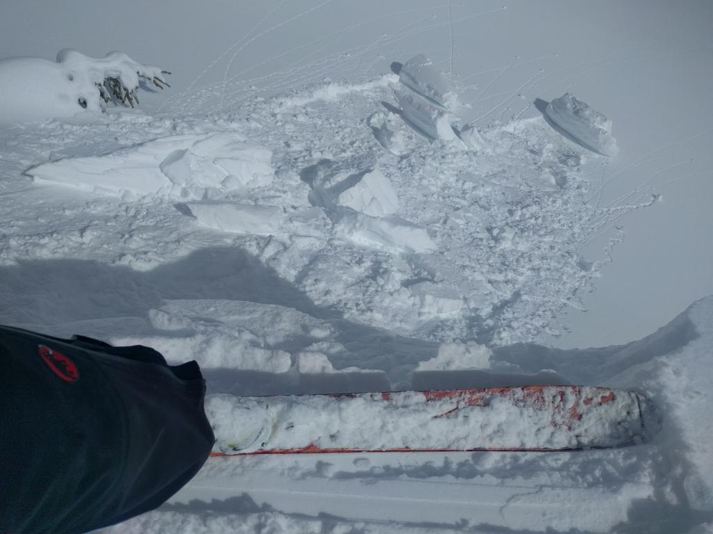  <a href="/avalanche-terms/cornice" title="A mass of snow deposited by the wind, often overhanging, and usually near a sharp terrain break such as a ridge. Cornices can break off unexpectedly and should be approached with caution." class="lexicon-term">Cornice</a> failure caused by ski kicks on a ENE <a href="/avalanche-terms/aspect" title="The compass direction a slope faces (i.e. North, South, East, or West.)" class="lexicon-term">aspect</a> at 7200 ft. 