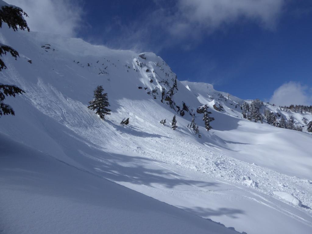  Small part of the <a href="/avalanche-terms/cornice" title="A mass of snow deposited by the wind, often overhanging, and usually near a sharp terrain break such as a ridge. Cornices can break off unexpectedly and should be approached with caution." class="lexicon-term">cornice</a> broke off  - far upper left of photo. 