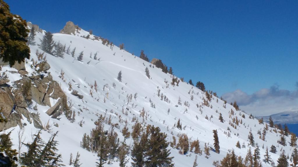  <a href="/avalanche-terms/skin-track" title="Backcountry skiers and some snowboarders ascend slopes using climbing skins attached to the bottom of their skis." class="lexicon-term">Skin track</a> barely visible exiting upper climbers right just below <a href="/avalanche-terms/crown-face" title="The top fracture surface of a slab avalanche. Usually smooth, clean cut, and angled 90 degrees to the bed surface." class="lexicon-term">crown</a>. 