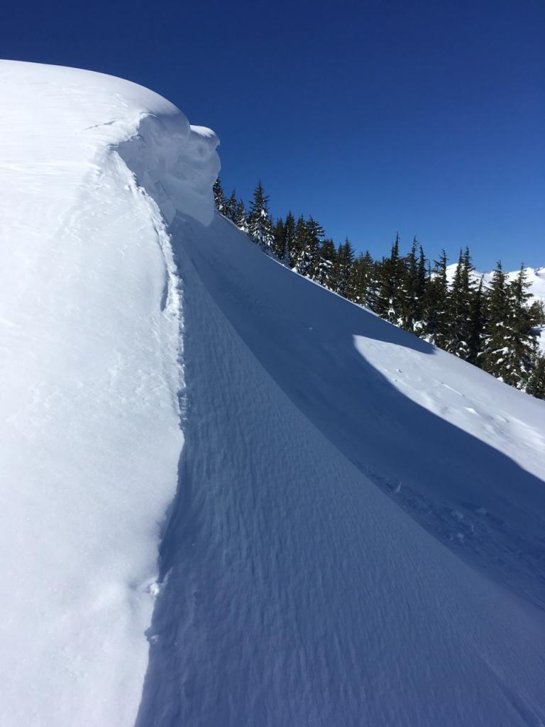  Large <a href="/avalanche-terms/cornice" title="A mass of snow deposited by the wind, often overhanging, and usually near a sharp terrain break such as a ridge. Cornices can break off unexpectedly and should be approached with caution." class="lexicon-term">cornices</a> along the Talking Mt. ridge. 