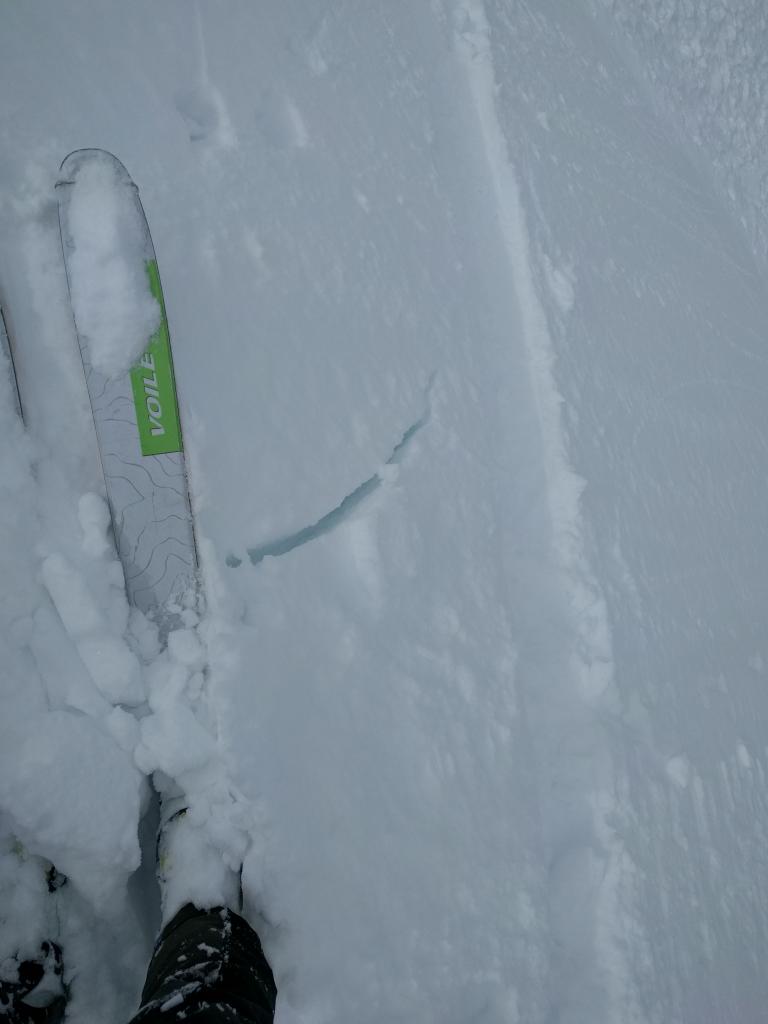  Some cracking on a slope undercut by my <a href="/avalanche-terms/skin-track" title="Backcountry skiers and some snowboarders ascend slopes using climbing skins attached to the bottom of their skis." class="lexicon-term">skin track</a>. 