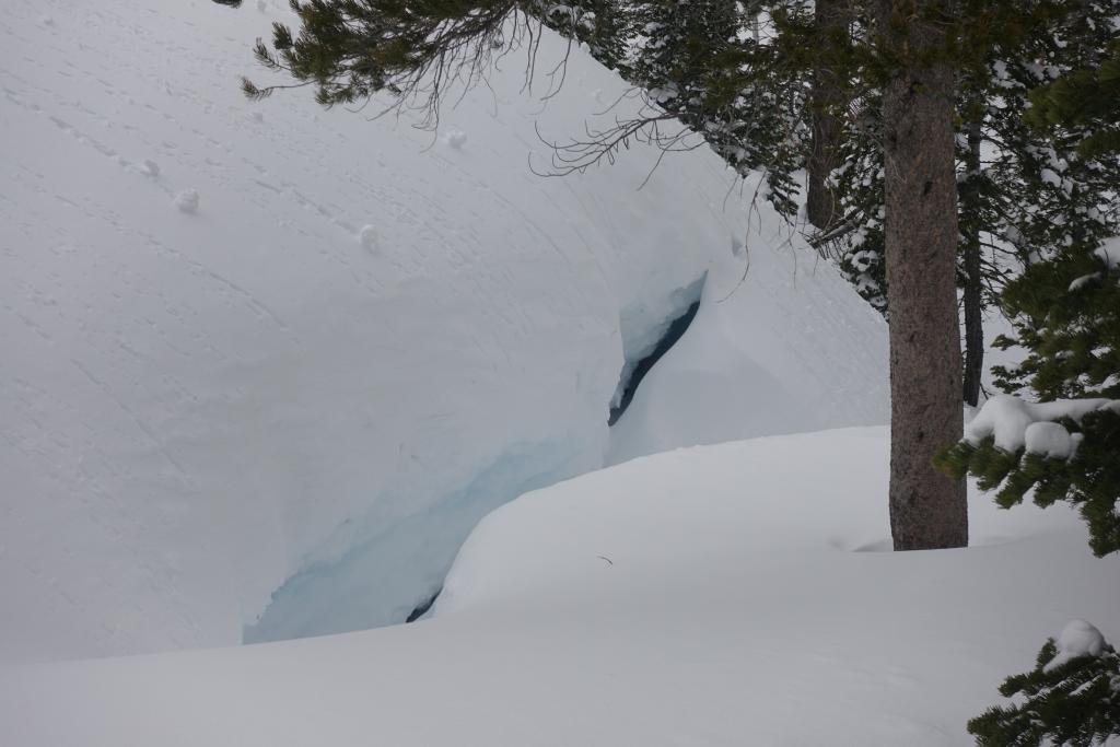  <a href="/avalanche-terms/glide" title="When the entire snowpack slowly moves as a unit on the ground, similar to a glacier." class="lexicon-term">Glide</a> crack in Shirley Canyon 