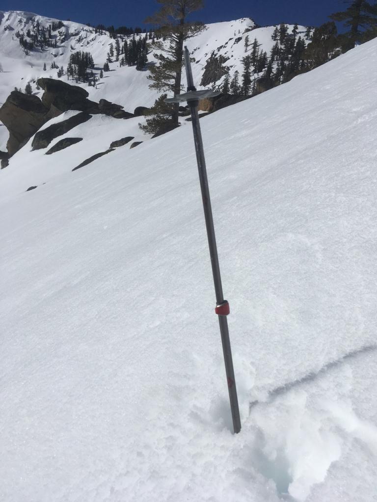  In the same location as Photo 2, more force on the pole could move through the lingering freeze <a href="/avalanche-terms/snow-layer" title="A snowpack stratum differentiated from others by weather, metamorphism, or other processes." class="lexicon-term">layer</a> and penetrate to deeper unconsolidated snow below. 