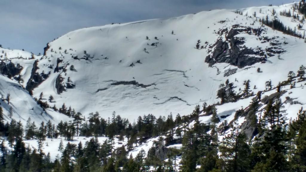  March 16-<a href="/avalanche-terms/glide" title="When the entire snowpack slowly moves as a unit on the ground, similar to a glacier." class="lexicon-term">Glide</a> crack as seen from Emerald Bay 