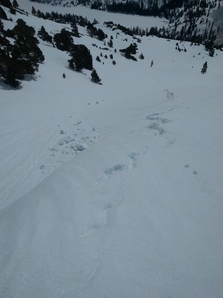  Cracks near the edge of a small <a href="/avalanche-terms/cornice" title="A mass of snow deposited by the wind, often overhanging, and usually near a sharp terrain break such as a ridge. Cornices can break off unexpectedly and should be approached with caution." class="lexicon-term">cornice</a> and an older <a href="/avalanche-terms/cornice" title="A mass of snow deposited by the wind, often overhanging, and usually near a sharp terrain break such as a ridge. Cornices can break off unexpectedly and should be approached with caution." class="lexicon-term">cornice</a> <a href="/avalanche-terms/collapse" title="When the fracture of a lower snow layer causes an upper layer to fall. Also called a whumpf, this is an obvious sign of instability." class="lexicon-term">collapse</a> 