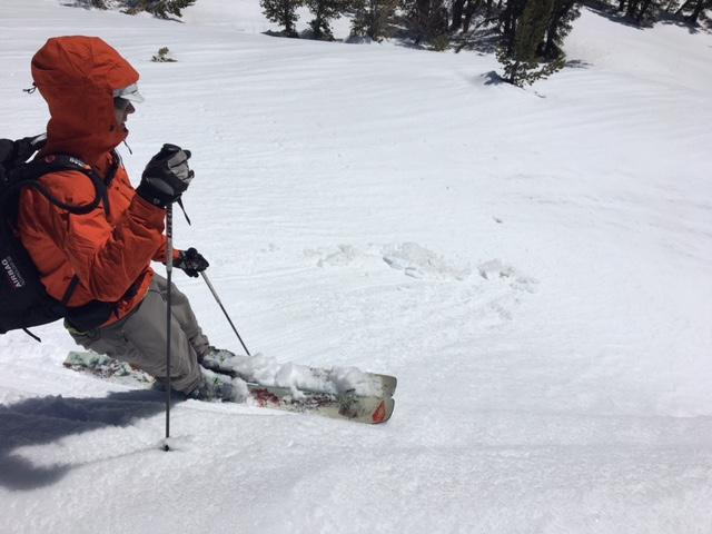  Small skier <a href="/avalanche-terms/trigger" title="A disturbance that initiates fracture within the weak layer causing an avalanche. In 90 percent of avalanche accidents, the victim or someone in the victims party triggers the avalanche." class="lexicon-term">triggered</a> loose wet activity within gully. 