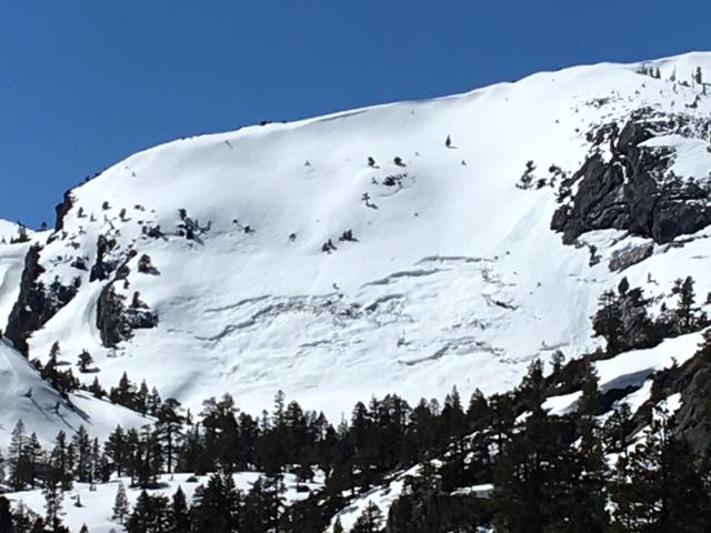  March 23-<a href="/avalanche-terms/glide" title="When the entire snowpack slowly moves as a unit on the ground, similar to a glacier." class="lexicon-term">Glide</a> crack as seen from Emerald Bay post storm. 