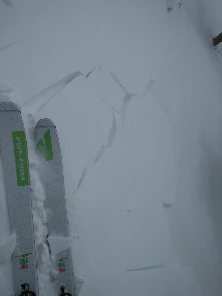  Cracking on a wind-<a href="/avalanche-terms/loading" title="The addition of weight on top of a snowpack, usually from precipitation, wind drifting, or a person." class="lexicon-term">loaded</a> SE facing test slope near the summit of Incline Lake Peak. 