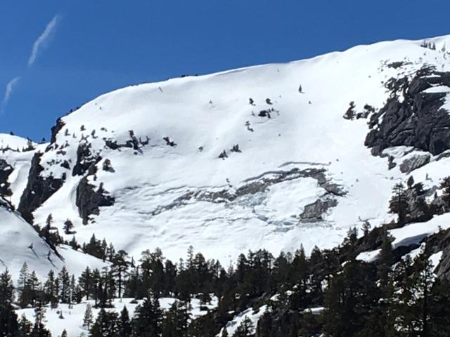  April 3-<a href="/avalanche-terms/glide" title="When the entire snowpack slowly moves as a unit on the ground, similar to a glacier." class="lexicon-term">Glide</a> crack as seen from Emerald Bay. 