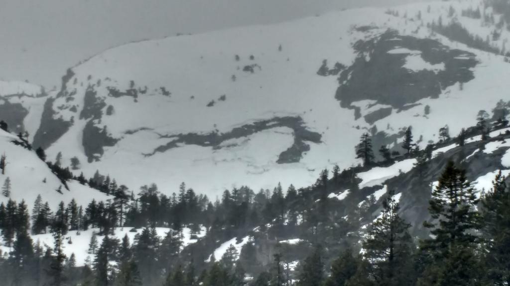  April 6-<a href="/avalanche-terms/glide" title="When the entire snowpack slowly moves as a unit on the ground, similar to a glacier." class="lexicon-term">Glide</a> crack as seen from Emerald Bay. 