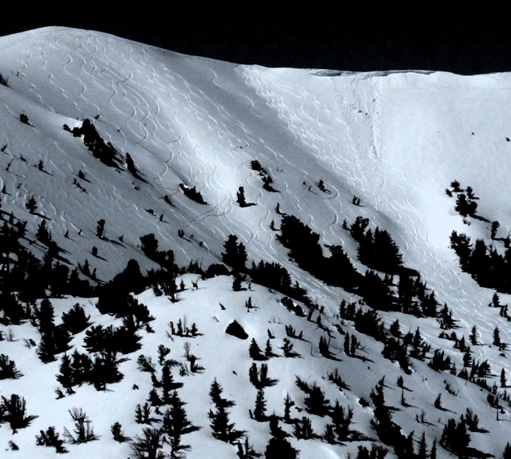  False color image to highlight <a href="/avalanche-terms/avalanche" title="A mass of snow sliding, tumbling, or flowing down an inclined surface." class="lexicon-term">avalanche</a> in the Hourglass. Note how the debris covers some of the ski tracks. 