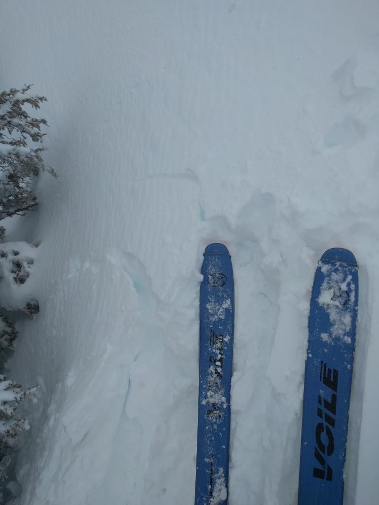  Ski cuts <a href="/avalanche-terms/trigger" title="A disturbance that initiates fracture within the weak layer causing an avalanche. In 90 percent of avalanche accidents, the victim or someone in the victims party triggers the avalanche." class="lexicon-term">triggered</a> small cracking on a wind-<a href="/avalanche-terms/loading" title="The addition of weight on top of a snowpack, usually from precipitation, wind drifting, or a person." class="lexicon-term">loaded</a> test slope near the summit of Hidden Peak. 