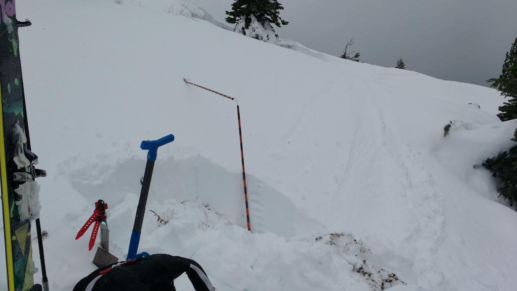  <a href="/avalanche-terms/snowpit" title="A pit dug vertically into the snowpack where snow layering is observed and stability tests may be performed. Also called a snow profile." class="lexicon-term">Snowpit</a> location with 50cm snow depth, some previous <a href="/avalanche-terms/wind-loading" title="The added weight of wind drifted snow." class="lexicon-term">wind loading</a>. 