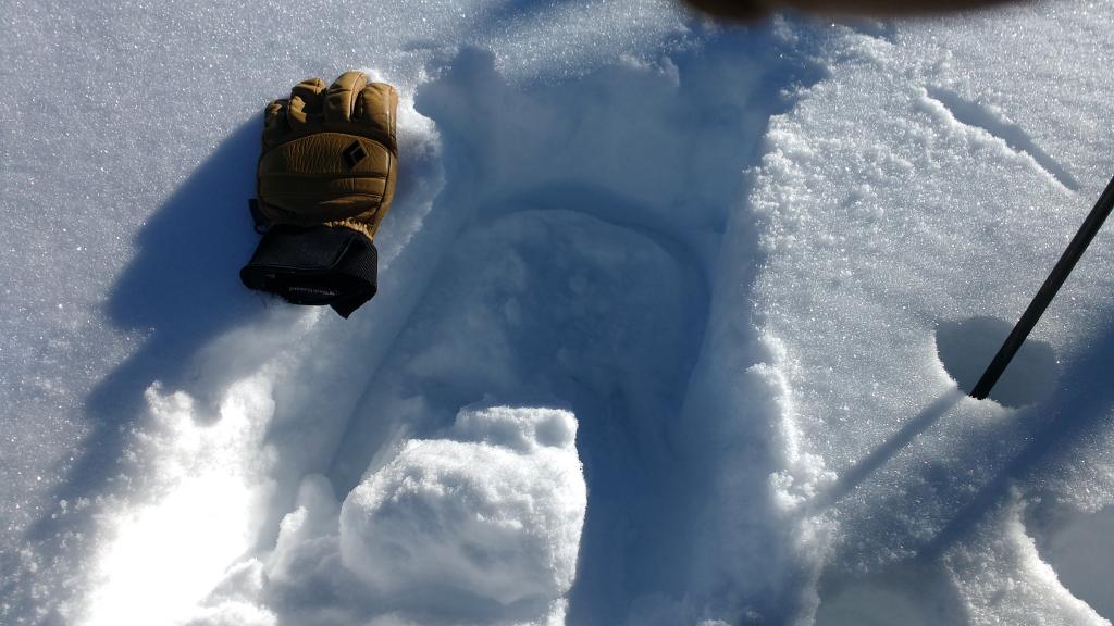  One of several hand pits indicating good bonding of recent storm snow to the rain cust below. 