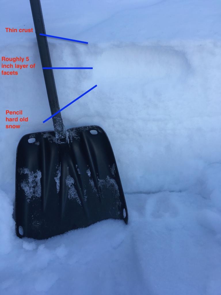  Thin crust over 5 inches of loose <a href="/avalanche-terms/faceted-snow" title="Angular snow with poor bonding created from large temperature gradients within the snowpack." class="lexicon-term">facets</a> which are sitting on pencil hard old snow. 