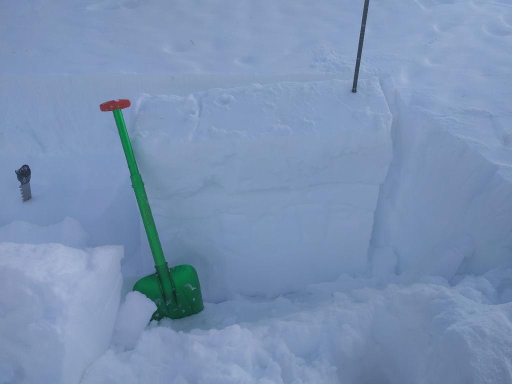  ECTP on a NW test slope with a hard <a href="/avalanche-terms/wind-slab" title="A cohesive layer of snow formed when wind deposits snow onto leeward terrain. Wind slabs are often smooth and rounded and sometimes sound hollow." class="lexicon-term">wind slab</a>. See <a href="/avalanche-terms/snowpit" title="A pit dug vertically into the snowpack where snow layering is observed and stability tests may be performed. Also called a snow profile." class="lexicon-term">pit</a> for more details. 