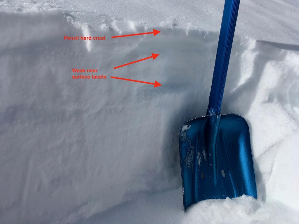  <a href="/avalanche-terms/snowpit" title="A pit dug vertically into the snowpack where snow layering is observed and stability tests may be performed. Also called a snow profile." class="lexicon-term">Pit</a> adjacent to old <a href="/avalanche-terms/crown-face" title="The top fracture surface of a slab avalanche. Usually smooth, clean cut, and angled 90 degrees to the bed surface." class="lexicon-term">crown</a> 