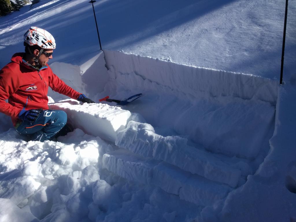  2m ECTP12 on a small isolated N facing slope where a hard <a href="/avalanche-terms/wind-slab" title="A cohesive layer of snow formed when wind deposits snow onto leeward terrain. Wind slabs are often smooth and rounded and sometimes sound hollow." class="lexicon-term">wind slab</a> existed on top of very weak snow. This area was very small and isolated and would not involve enough snow to bury a person if it did break. 