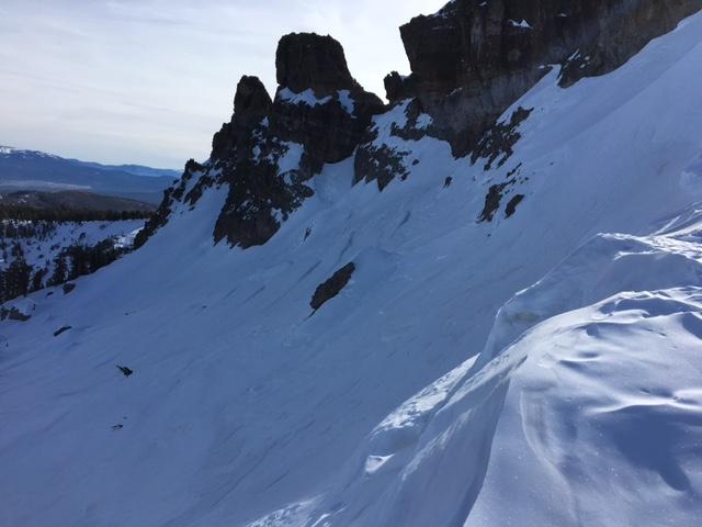  Upper elevations on Castle Peak are firm, wind scoured surfaces on NW-N-NE <a href="/avalanche-terms/aspect" title="The compass direction a slope faces (i.e. North, South, East, or West.)" class="lexicon-term">aspects</a>. 