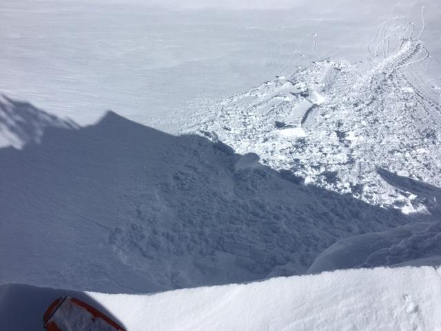  Many large <a href="/avalanche-terms/cornice" title="A mass of snow deposited by the wind, often overhanging, and usually near a sharp terrain break such as a ridge. Cornices can break off unexpectedly and should be approached with caution." class="lexicon-term">cornice</a> drops on slopes caused shooting cracks but no <a href="/avalanche-terms/slab" title="A relatively cohesive snowpack layer." class="lexicon-term">slab</a> release.  East Ridge of Tamarack. 