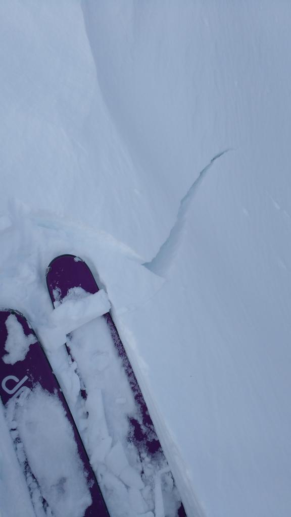  Some of the <a href="/avalanche-terms/wind-slab" title="A cohesive layer of snow formed when wind deposits snow onto leeward terrain. Wind slabs are often smooth and rounded and sometimes sound hollow." class="lexicon-term">wind slab</a> cracking giving clues to potential instability. 