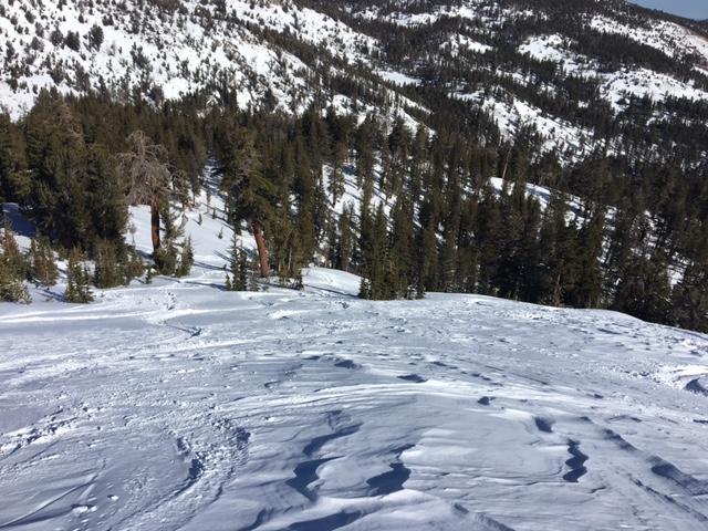  Some wind scouring on the snow surface near ridgeline. 