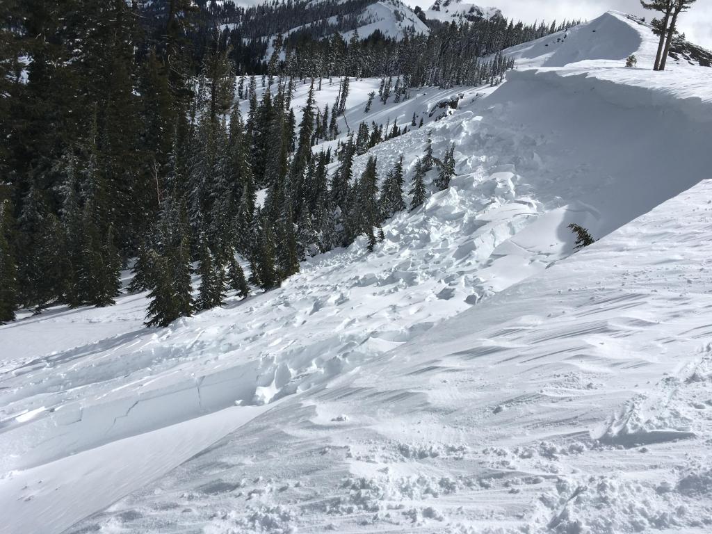  Small, wide <a href="/avalanche-terms/slab" title="A relatively cohesive snowpack layer." class="lexicon-term">slab</a> <a href="/avalanche-terms/avalanche" title="A mass of snow sliding, tumbling, or flowing down an inclined surface." class="lexicon-term">avalanche</a> just below the Crest 
