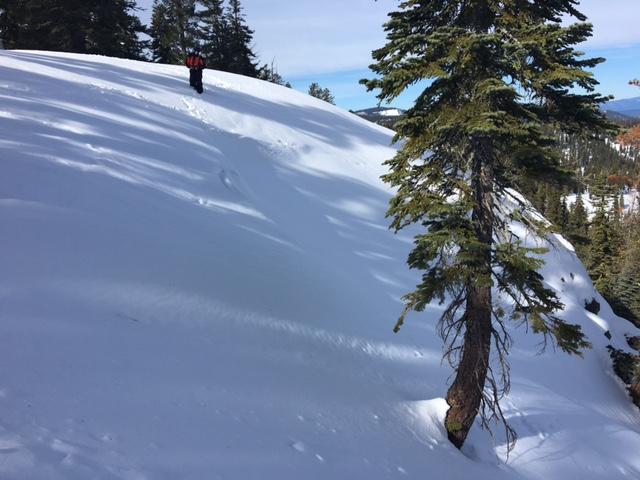  Subtle line of mostly filled in <a href="/avalanche-terms/crown-face" title="The top fracture surface of a slab avalanche. Usually smooth, clean cut, and angled 90 degrees to the bed surface." class="lexicon-term">crown</a> visible ~ 10 ft down slope of person in photo. 