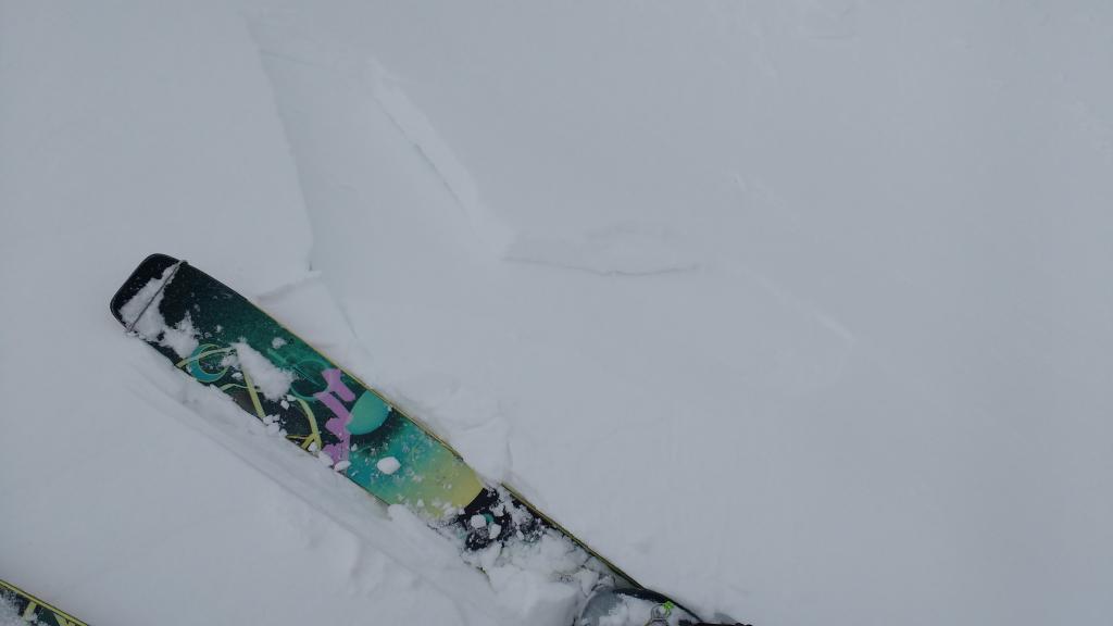  Maximum extent of cracking observed in tiny, inconsequential <a href="/avalanche-terms/wind-slab" title="A cohesive layer of snow formed when wind deposits snow onto leeward terrain. Wind slabs are often smooth and rounded and sometimes sound hollow." class="lexicon-term">wind slab</a>. 