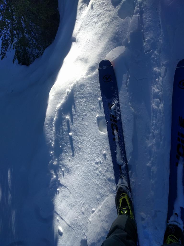  Tiny, superficial <a href="/avalanche-terms/wind-slab" title="A cohesive layer of snow formed when wind deposits snow onto leeward terrain. Wind slabs are often smooth and rounded and sometimes sound hollow." class="lexicon-term">wind slab</a> near treeline, too small to present a significant hazard. 