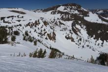 Little evidence of recent avalanche activity looking into bowl above Crater Lake.