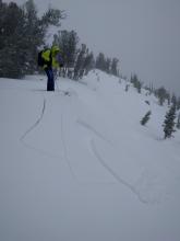 Wind slab failure triggered by a skiers weight on a NE facing test slope at 9360 ft. 