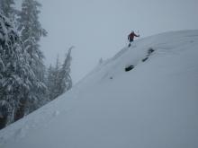 Wind slab avalanche skier triggered on test slope.  W aspect, 7500', 35 degree slope.