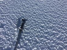 Thin rime crust on the snow surface with surface hoar on top of it. 
