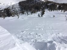 Oven to refrigerator sized cornice peices dropped onto a wind loaded NE facing slope at 10000 ft. did not trigger any signs of current instability.