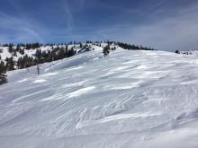 Wind scoured snow surface along ridge between Bard's Bowl and Poison Point.